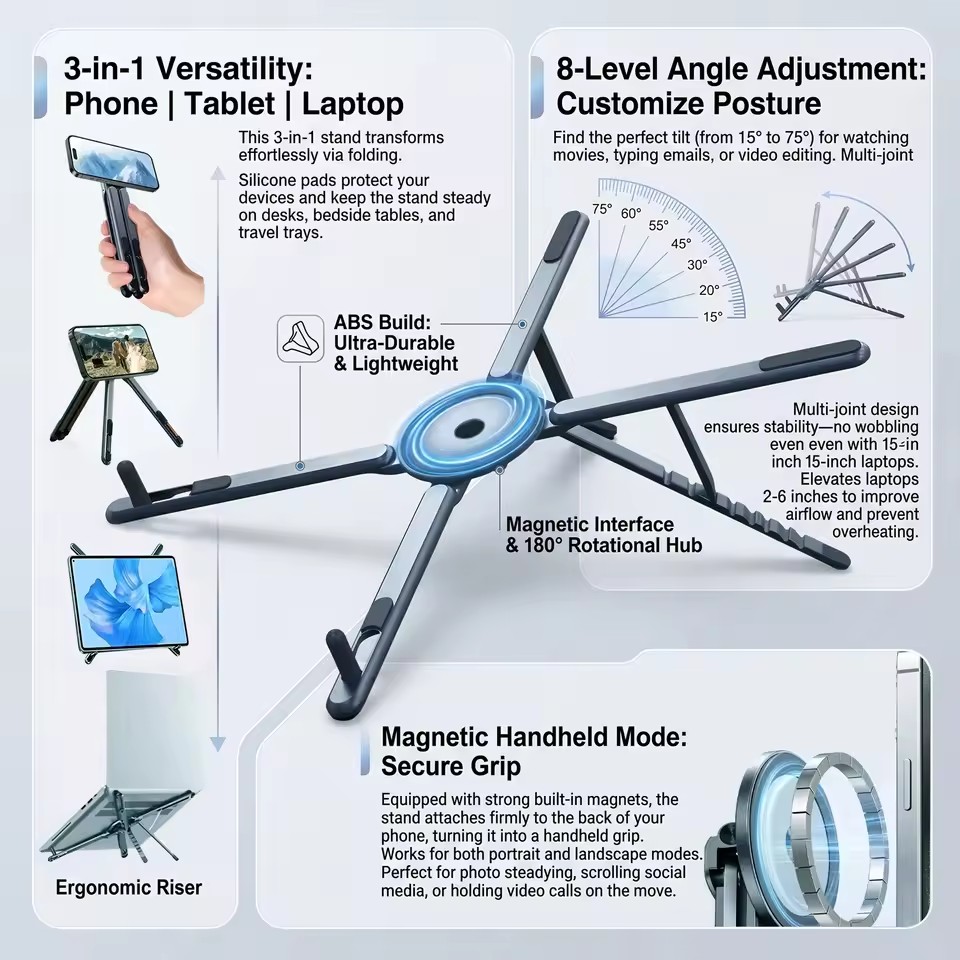 Laptop Ergonomic Accessories - ที่วางโทรศัพท์แม่เหล็กแบบพกพาและไม้เซลฟี่ 3-in-1 ขาตั้งกล้องแบบพับได้สำหรับ iPhone iPad แท็บเล็ต