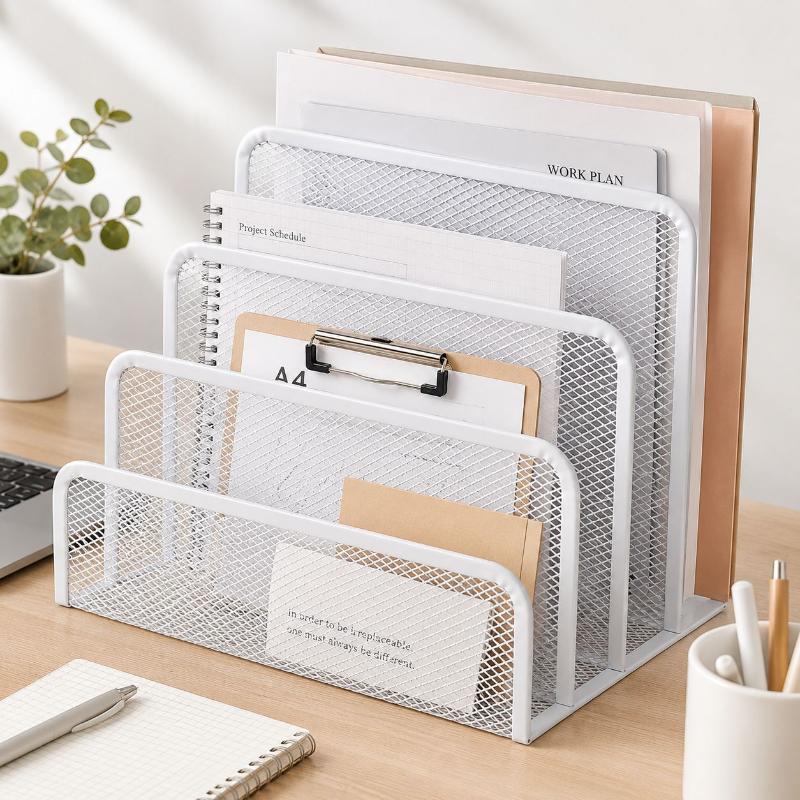 Laptop Ergonomic Accessories - ที่จัดระเบียบโต๊ะทำงานแบบตาข่ายโลหะสีดำ 3 ชั้น ประหยัดพื้นที่ สำหรับวางเอกสารและโน้ตบุ๊ก เหมาะสำหรับใช้ในหอพักหรือสำนักงานที่บ้าน