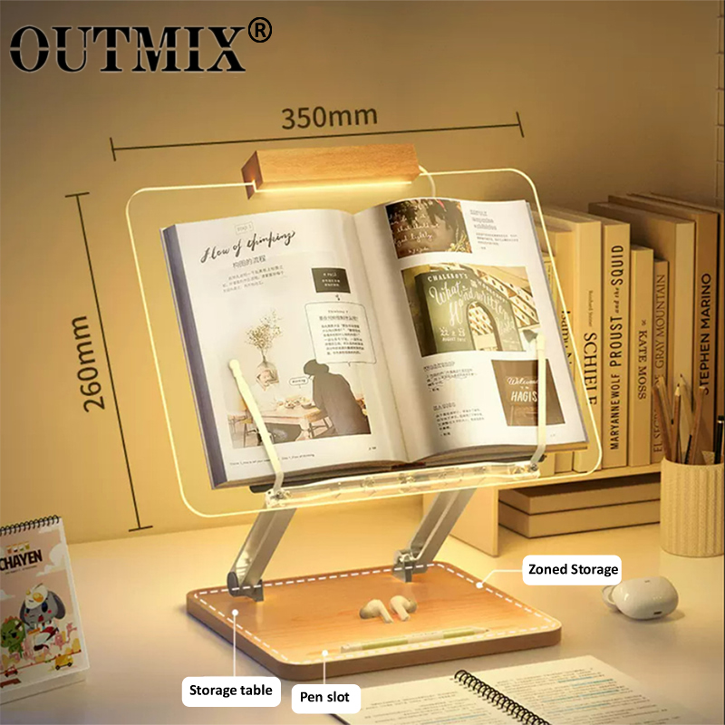 Laptop Ergonomic Accessories - แท่นอ่านหนังสือไม้พร้อมไฟอะคริลิคใส ที่วางแท็บเล็ตแบบยกได้อเนกประสงค์ ที่วางแล็ปท็อป ชั้นวางหนังสือแบบตั้งโต๊ะ